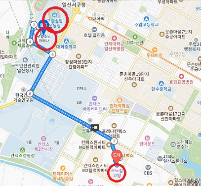 고양종합운동장-고양소노아레나에서-소노캄-호텔-이동경로